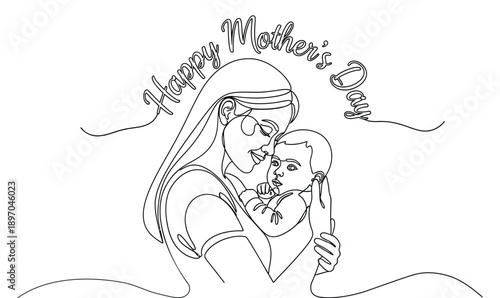Mother and baby with continoud lineart design for happy mothers day