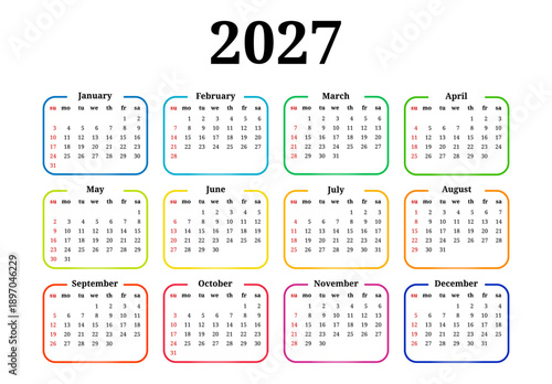 Calendar for 2027 isolated on a white background