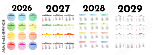 Set of calendars for 2026, 2027, 2028 and 2029 on a white background