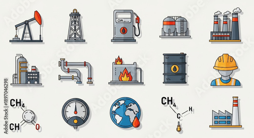 Collection of Industrial Icons Representing Energy and Manufacturing.