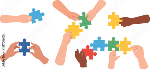 Diversity and Teamwork Flat Illustration with Multicultural Hands Connecting Puzzle Pieces Representing Collaboration Inclusion Unity and Problem Solving Concepts
