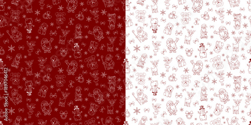 Vector holiday seamless pattern. Merry Christmas and Happy New Year. Colorful gift wrapping paper. Santa Claus, reindeer, elf, snowman, snowflakes, teddy bears and bows. Festive red and white texture