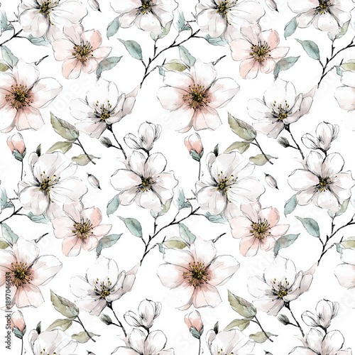Delicate seamless watercolor pattern with blooming magnolia branches, light petals and soft green leaves on a white background.