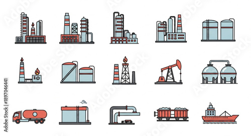Collection of Industrial Factory and Oil Industry Icons.