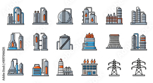 Collection of industrial factory and power plant icons.