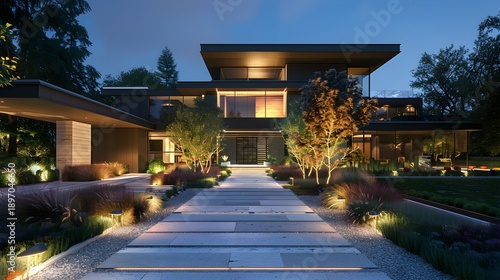 Luxurious modern house exterior at dusk for real estate and architectural design projects.