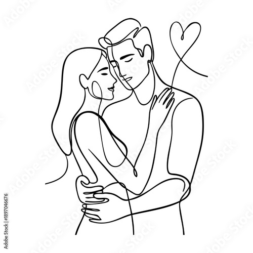 Día de San Valentín. Dibujo sencillo de trazo único de una pareja feliz abrazados con un corazón 