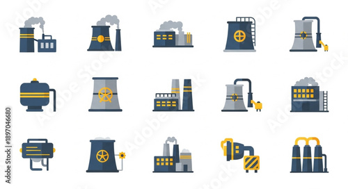 Collection of Industrial Factory and Power Plant Icons.