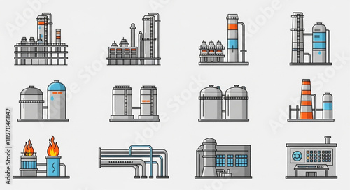 Collection of Industrial Factory and Refinery Icons.