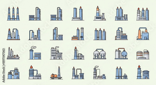 Collection of Industrial Factory Building Icons Vector Illustration.