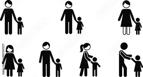 Parent and Child Family Silhouette Icon Set Representing Mother Father Care Protection Relationship and Parenthood Concepts for Public Signage