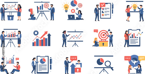Business analytics and marketing strategy illustration set showing teamwork, data analysis, presentations, charts, planning, performance review, and corporate decision making concepts