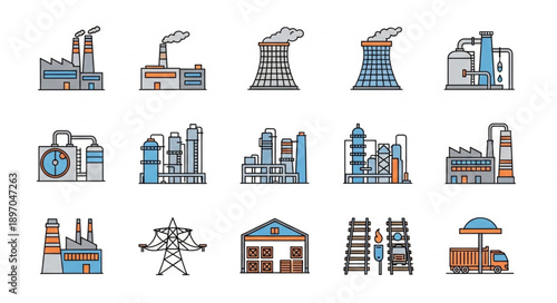 Collection of industrial factory buildings and power transmission towers.