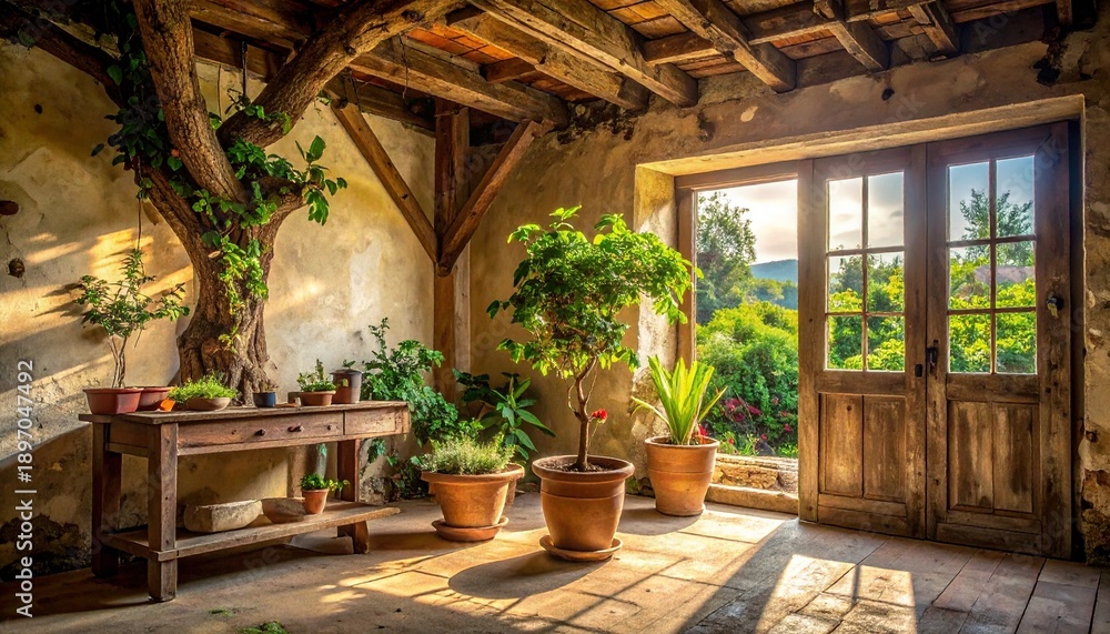 Fototapeta premium Serene Rustic Sunroom with Plants and Wooden Architecture Natural Light Filtering through Doorway Peaceful Garden Space.
