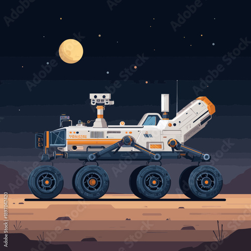 Mars Rover Exploring Alien Landscape Under Moonlit Sky