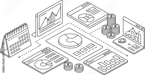 Isometric financial analytics and business reporting illustration featuring dashboards, charts, accounting data, performance metrics, budgeting tools, and corporate data visualization concepts