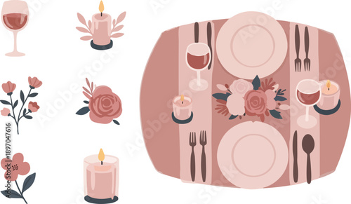 Valentine Floral Ornaments Collection, Romantic Pink Leaf Wreath Set, Hand Drawn Botanical Dividers and Heart Ribbons for Wedding Invitations and Love Themed Graphic Design