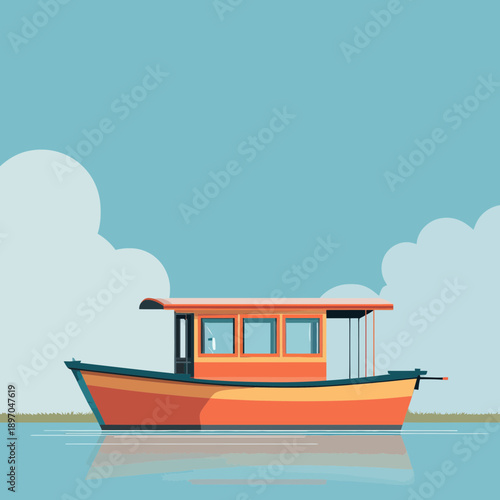 Orange Fishing Boat Sailing on Calm Blue Water Illustration