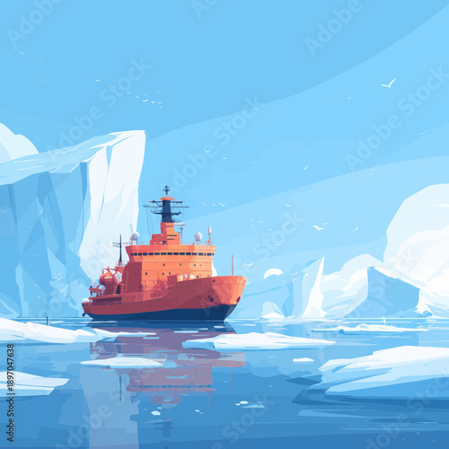 Orange Icebreaker Ship Navigating Arctic Ice Floes