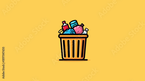 Overflowing Trash Bin With Plastic Bottles and Rubbish