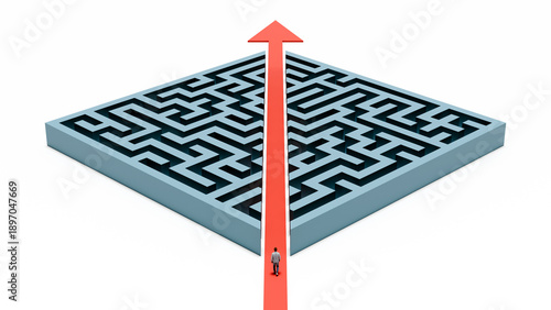 Optimized business strategy and direct path to success, man walking on red arrow through blue maze, 3d render