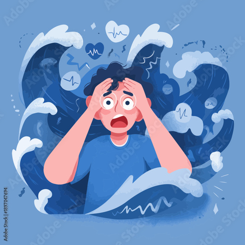 Person overwhelmed by waves of anxiety and emotional turmoil