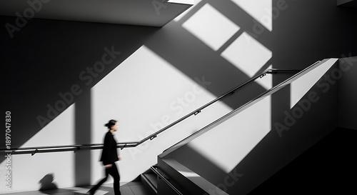 High Contrast Business Movement: Motion-Blurred Figure Ascending Modern Stairs with Geometric Light and Shadow.