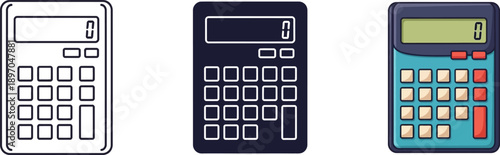 Calculator icon set in outline, solid, and flat color styles for various design needs isolated on white background, Vector