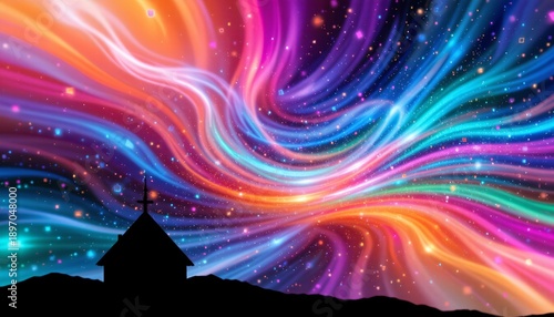 A sweeping panoramic scene filled with a luminous, abstract backdrop bursting with vibrant colors and intricate digital textures, The background is a mesmerizing blend of swirling hues electric blues