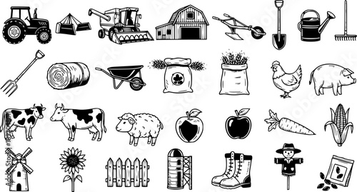 Black and White Line Art Vector Icons of Farm Agriculture Equipment, Animals, and Crops