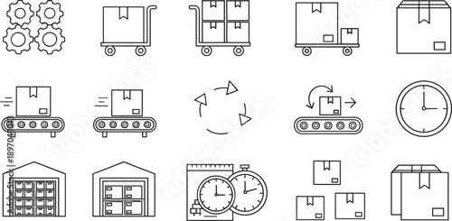 Warehouse automation and conveyor workflow line icons set featuring inventory movement, package handling, storage facilities, timing control, and supply chain operations concepts