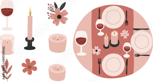 Romantic Valentine Dinner Table Setting with Candles, Wine Glasses, and Floral Decor in Pink Palette
