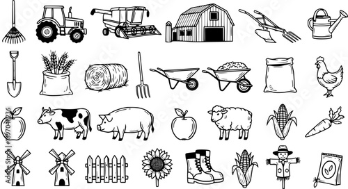 Farming and Agriculture Icons Set: Hand-drawn Black and White Line Art Collection of Farm Tools, Animals, Produce, and Rural Elements Doodle Style.