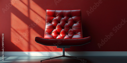 Minimalist red tufted chair against red wall with light Generative AI