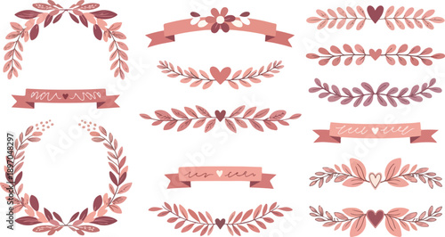 Valentine Floral Ornaments Collection, Romantic Pink Leaf Wreaths, Hand Drawn Heart Ribbons and Botanical Dividers for Wedding Invitations and Greeting Cards