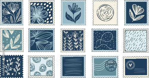 Valentine Postage Stamp Collection, Vintage Blue Floral Stamps Set for Romantic Correspondence and Mail Art