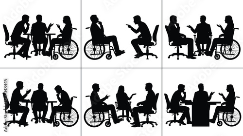 Business meeting silhouettes with wheelchair users isolated on white background, inclusive teamwork and professional discussion scenes, diversity, accessibility and collaboration concept illustration