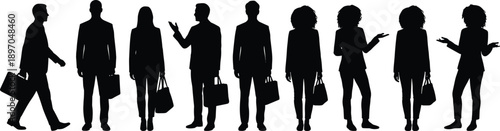 Business people silhouettes illustration showing diverse professionals standing and talking with briefcases teamwork corporate communication concept isolated on white background for modern workplace 