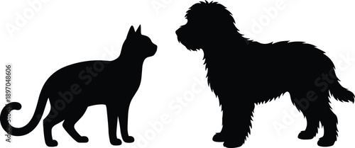 Cat and dog silhouettes facing each other isolated on white background, domestic pet relationship concept, animal friendship, harmony and companionship, minimalist black illustration
