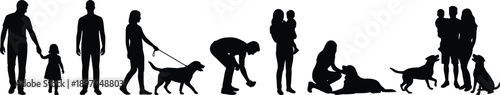 Family and people silhouettes with dogs isolated on white background, human and pet relationship concept, daily life activities, walking, caring, love and companionship