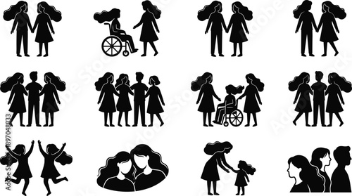 Family relationship silhouettes set showing women children groups support care disability inclusion and emotional bonding social connection concept isolated on white background for community design