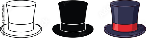 Three distinct top hat designs showcasing outline, solid silhouette, and colored illustration isolated on white background, Vector