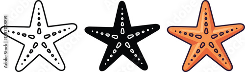 A collection of three stylized starfish designs including outline, silhouette, and colored versions isolated on white background, Vector