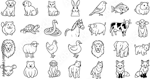 Black and White Line Art Collection of Farm and Wild Animals for Education and Design