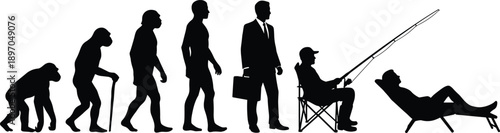 Human evolution silhouette timeline from ape to modern man, work and leisure stages, lifestyle progression concept, isolated black figures on white background