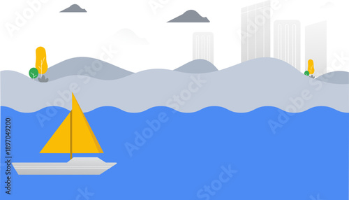 A River Board Going to City Illustration