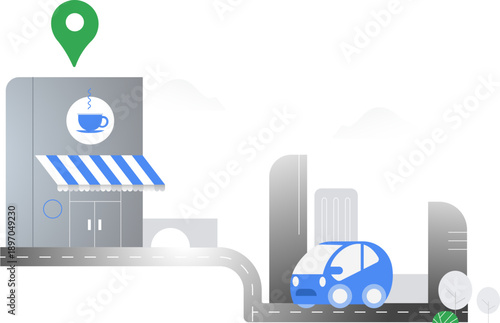 Car Going to Caffe Shop by Road Illustration