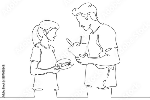 Continuous single line drawing family eats on the street. People eat fast food. Weekend.Parents.Offspring.Linear.One continuous line isolated minimalist illustration. Not AI.