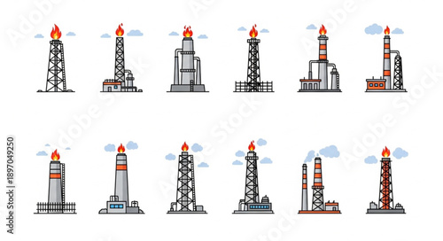 Collection of Industrial Oil Gas Refinery Towers with Flames.