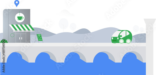 Car Going to Coffee Shop by River Brig Illustration